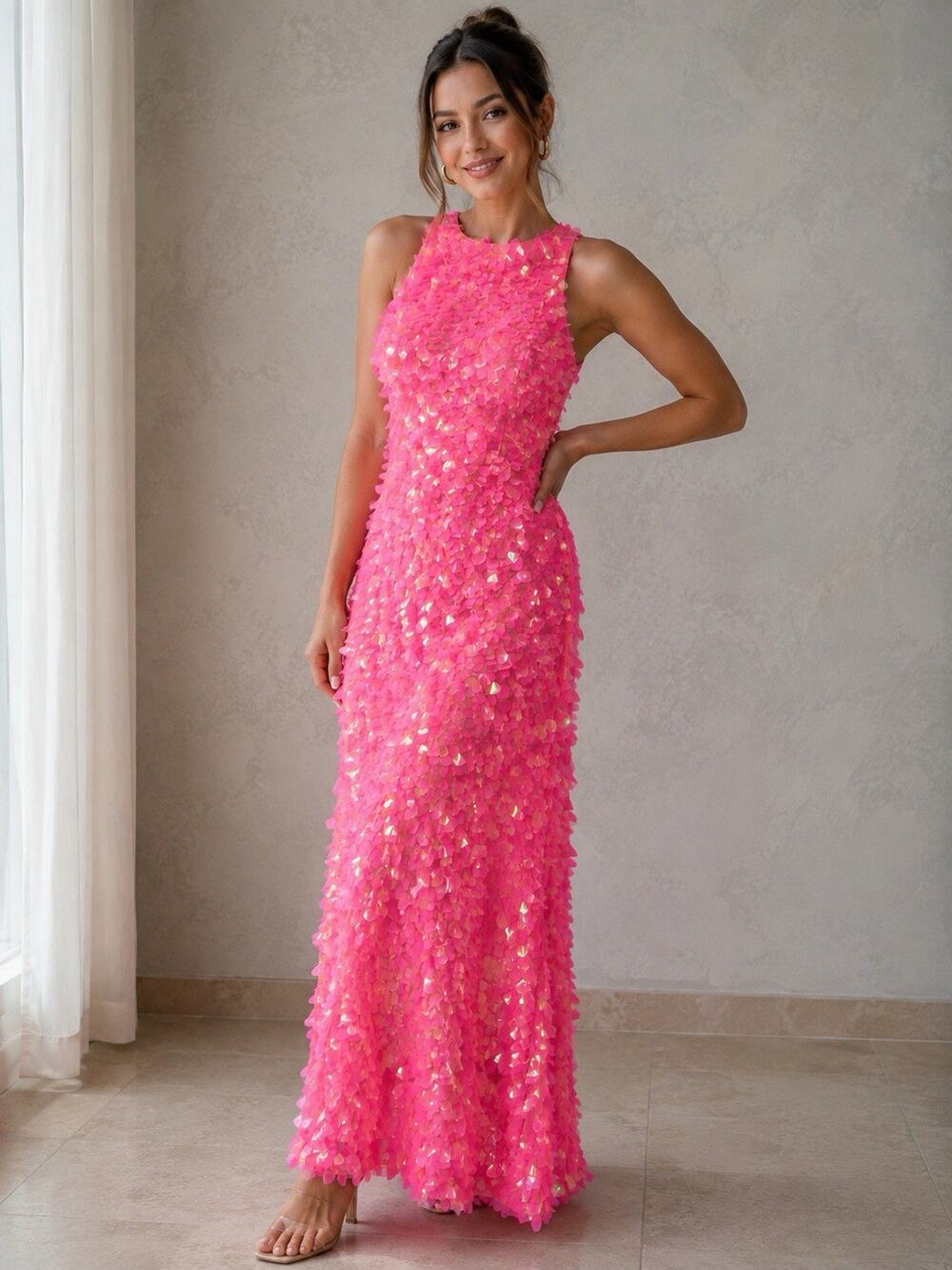 Fashion Nova Pink Square Sequin Paillette Maxi Dress Gown Open Back Size XL